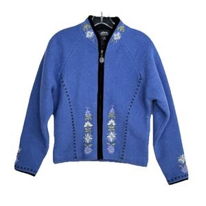 Vtg Icelandic Design Blue Boiled Wool  Full Zip Cardigan Jacket Floral‎ Size S